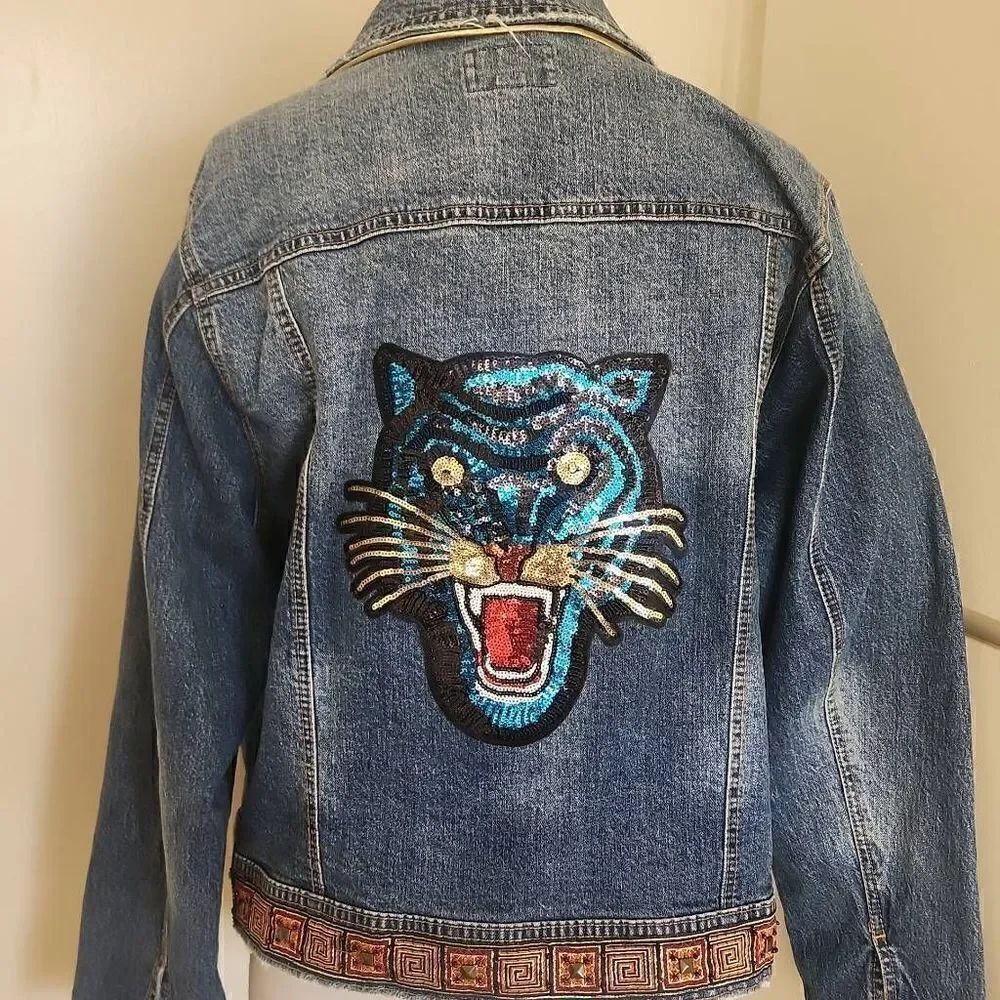 Universal Thread Upcycled Denim "Growling Tiger" Trucker Jacket, XL - Picture 8 of 12